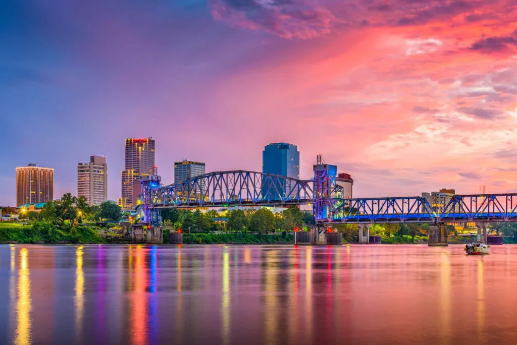 Arkansas city skyline at sunset