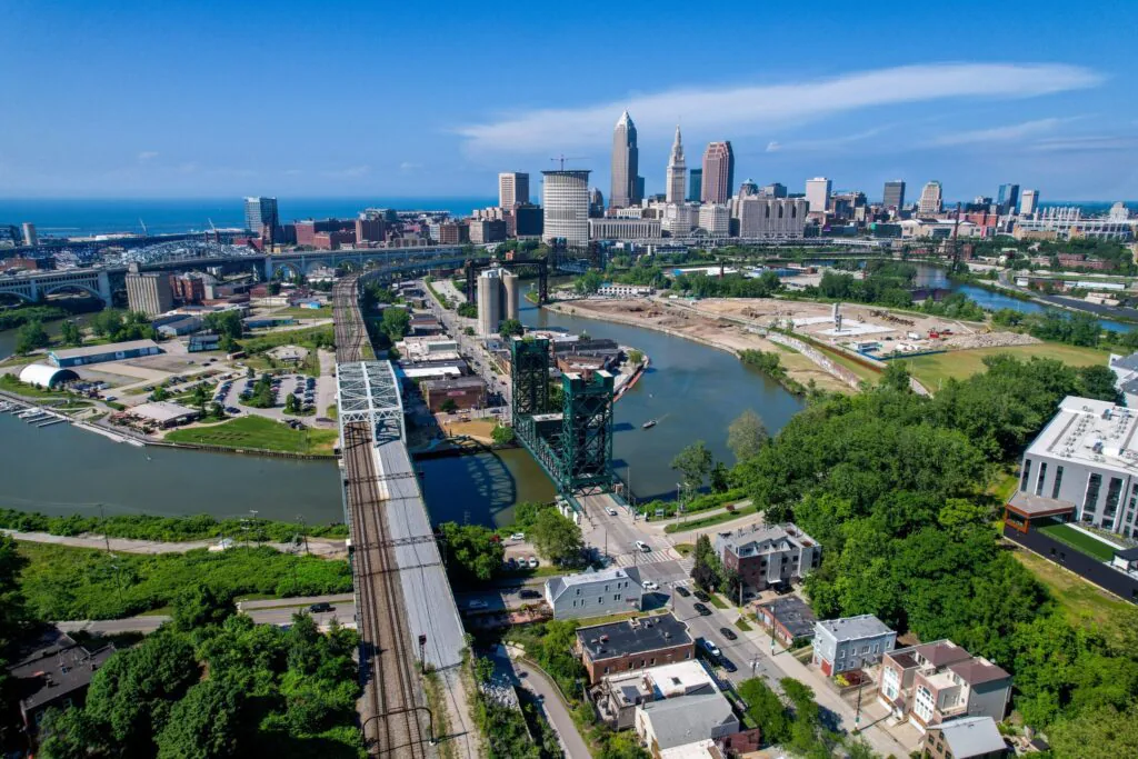Aerial view of an Ohio city center and riverfront
