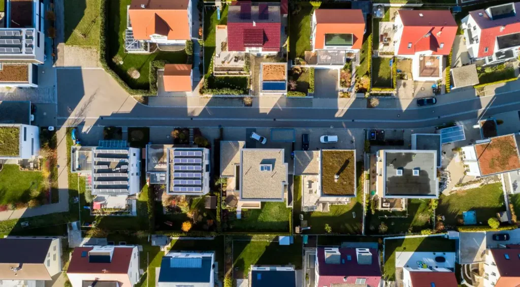 Aerial view of homes in a residential neighborhood