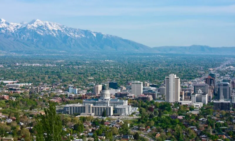 Salt Lake City skyline and snow-covered mountains